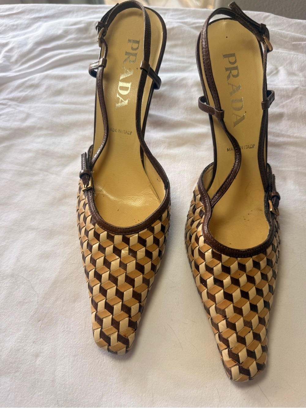 Prada Brown and Cream Woven Slingback Pumps
